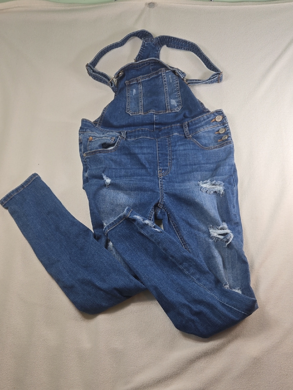 Distressed Blue Denim Women’s Overalls with Adjustable Straps